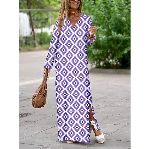 Summer Geometric Printed V-neck Long Dress Fashion Long Sleeve Slit