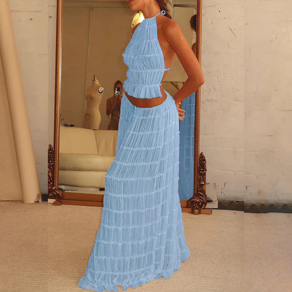 2pcs Women's Dress Suit Sexy Sleeveless Backless Cropped Halter Top And Pleated Long Skirt