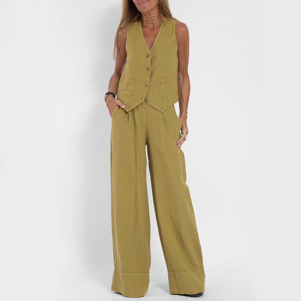 Summer Vest Suits V-neck Bottom Sleeveless Top And Loose Straight Pant