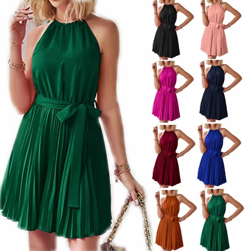 Halter Strapless Solid Pleated Dress