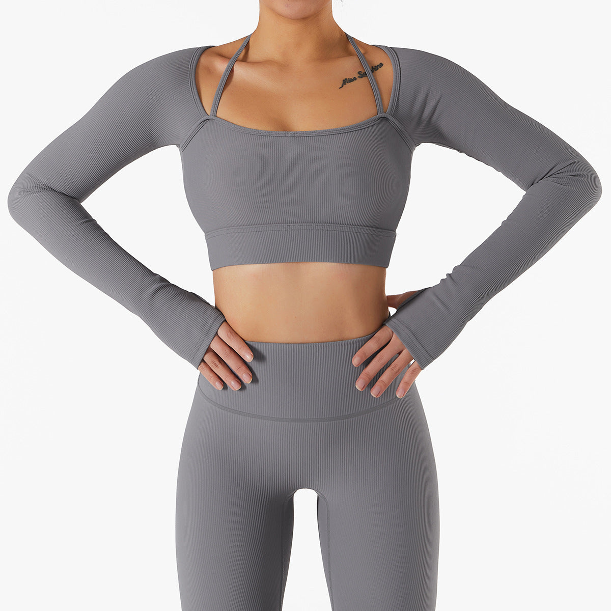 Top Women's Quick-drying Workout Set With Chest Pad Slim Fit Skinny Long Sleeve
