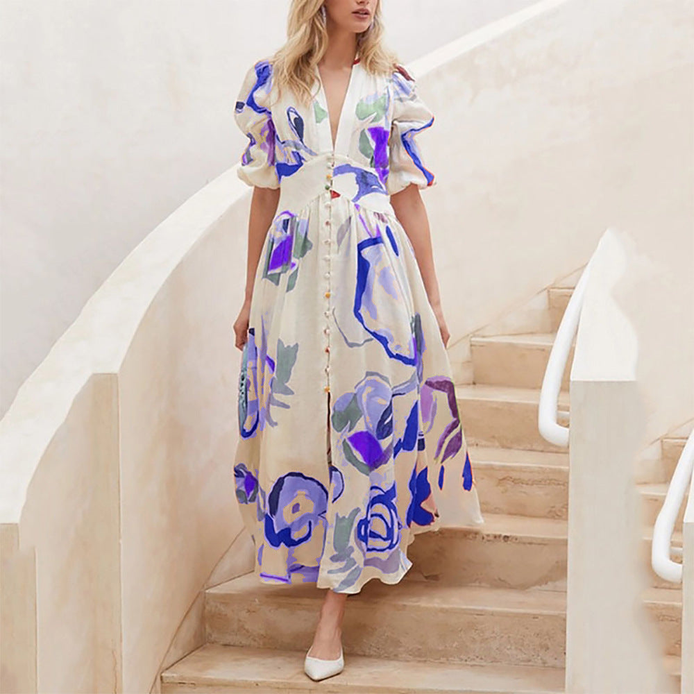 Print Summer V-neck Button Short Sleeve Dress