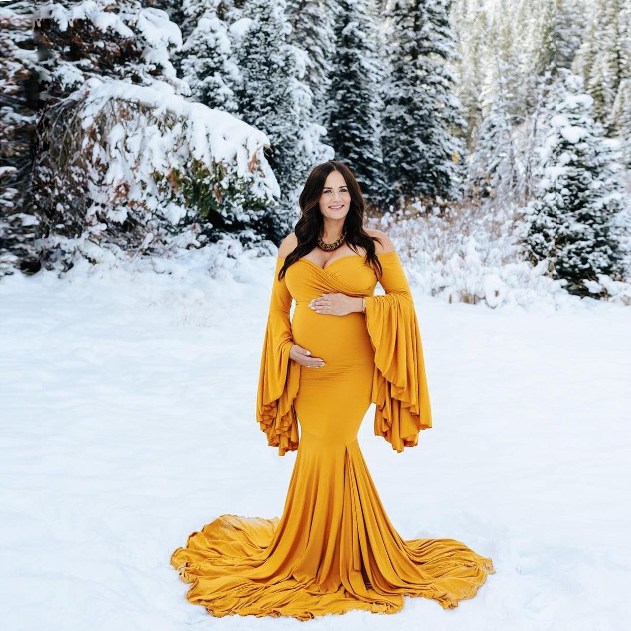 Maternity Ruffle Sleeve Trailing Long Dress