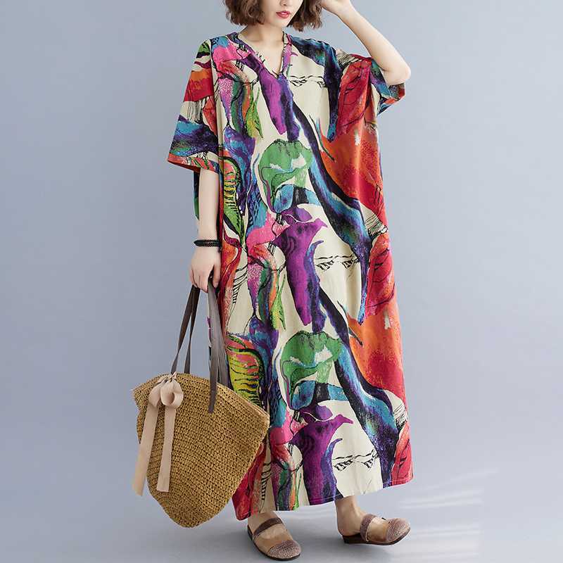 Cotton And Linen Printed Loose Plus Size Long Dress