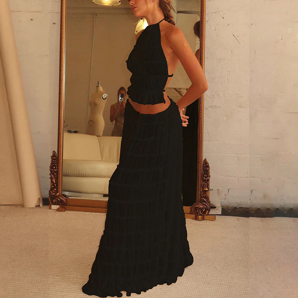 2pcs Women's Dress Suit Sexy Sleeveless Backless Cropped Halter Top And Pleated Long Skirt