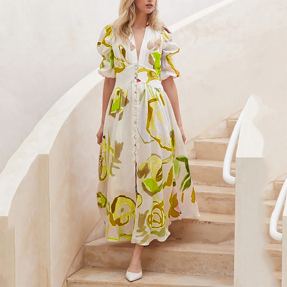 Print Summer V-neck Button Short Sleeve Dress