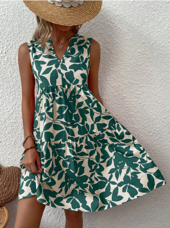 Bohemian Loose V-neck Pleated Print Sleeveless Dres