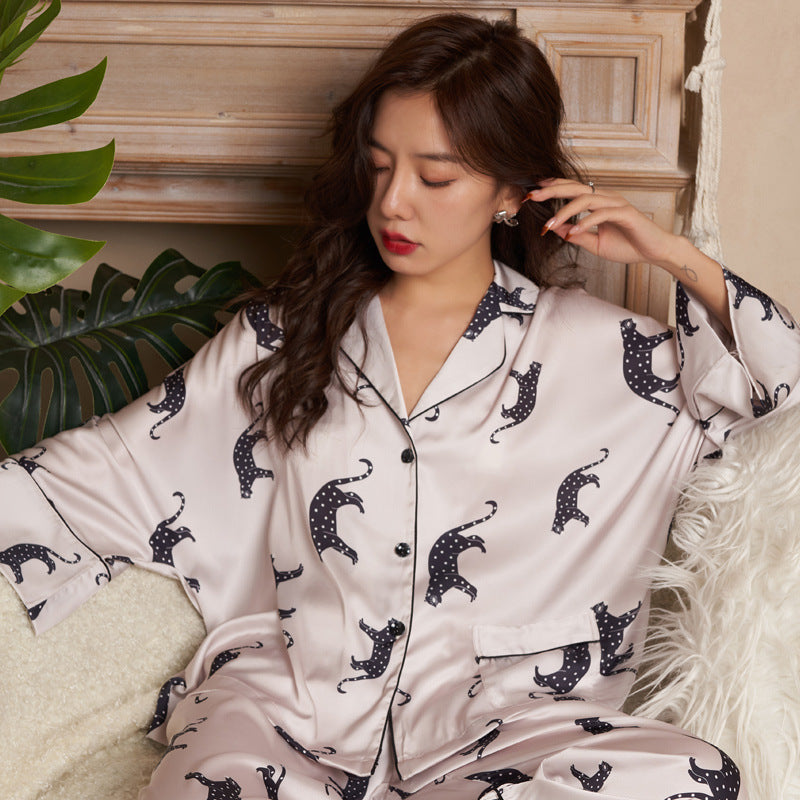 New Ice Silk Sleeve Digital Print Leopard Women Pajama