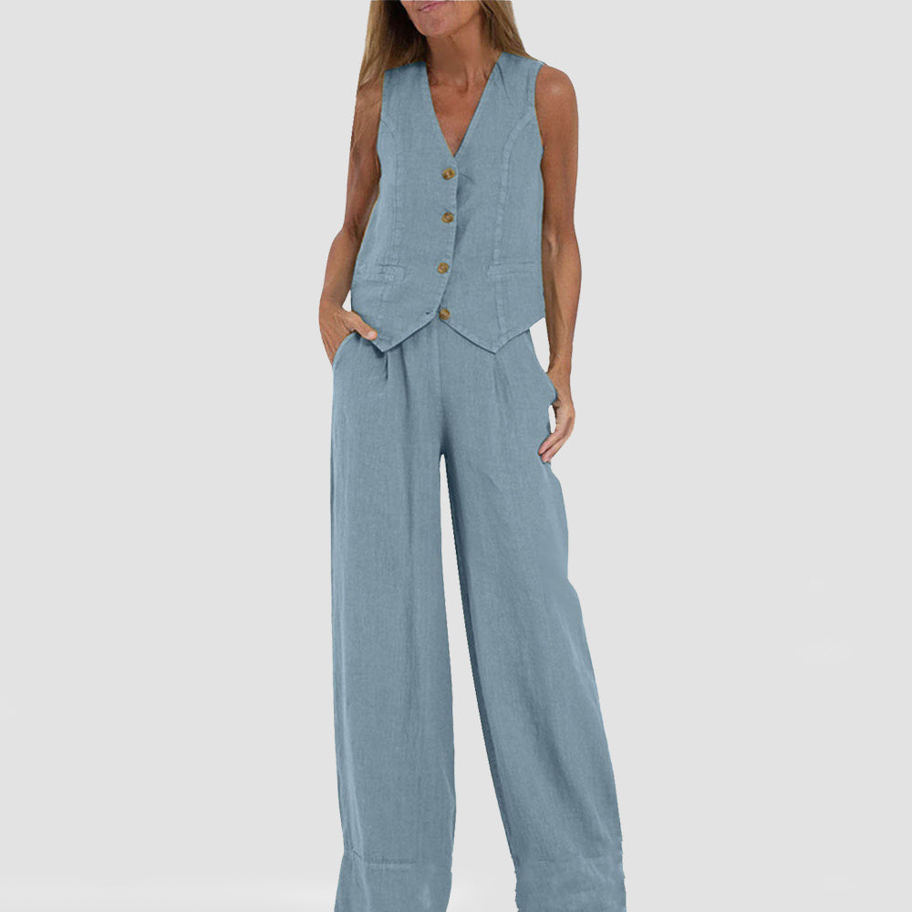 Summer Vest Suits V-neck Bottom Sleeveless Top And Loose Straight Pant