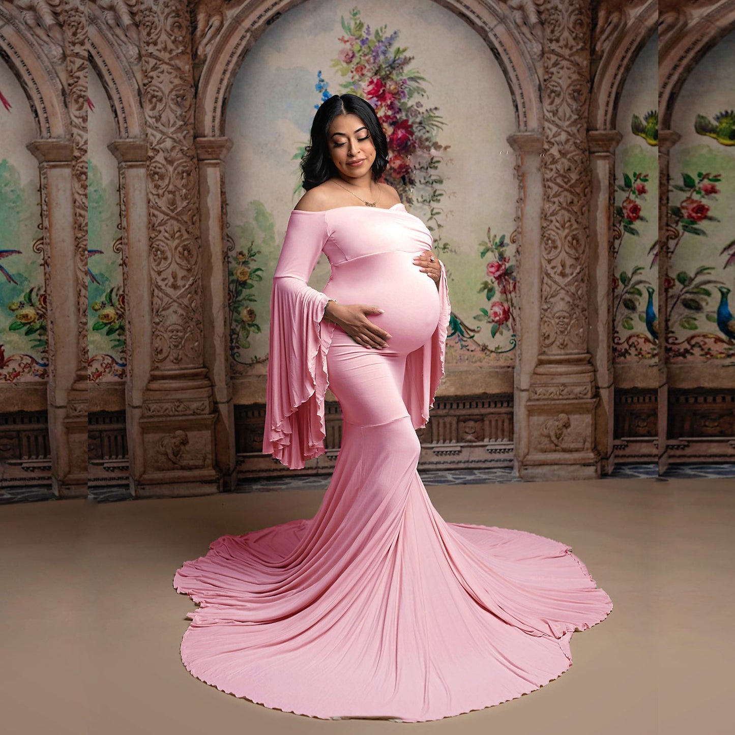 Maternity Ruffle Sleeve Trailing Long Dress