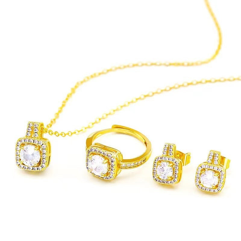 Fashion Jewelry Set Zircon Gem Pendant Chain Choker Necklace & Stud Earring Statement Ring