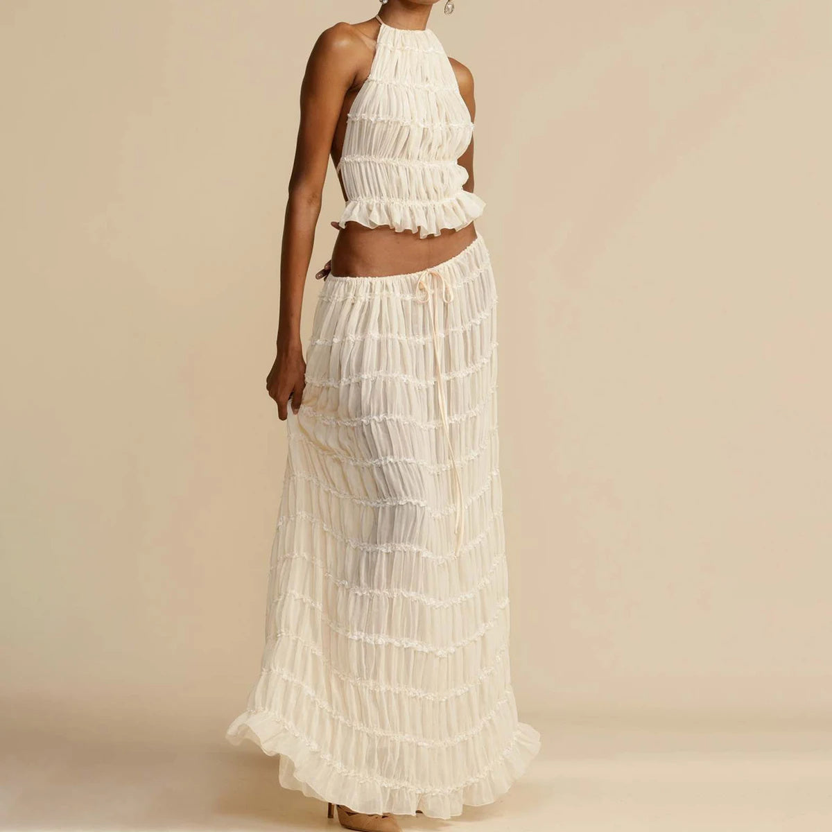 2pcs Women's Dress Suit Sexy Sleeveless Backless Cropped Halter Top And Pleated Long Skirt