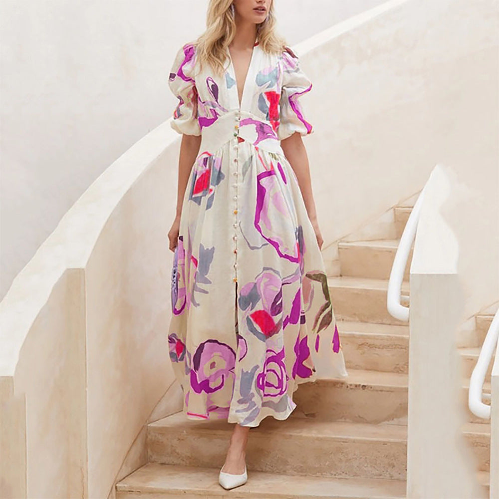 Print Summer V-neck Button Short Sleeve Dress