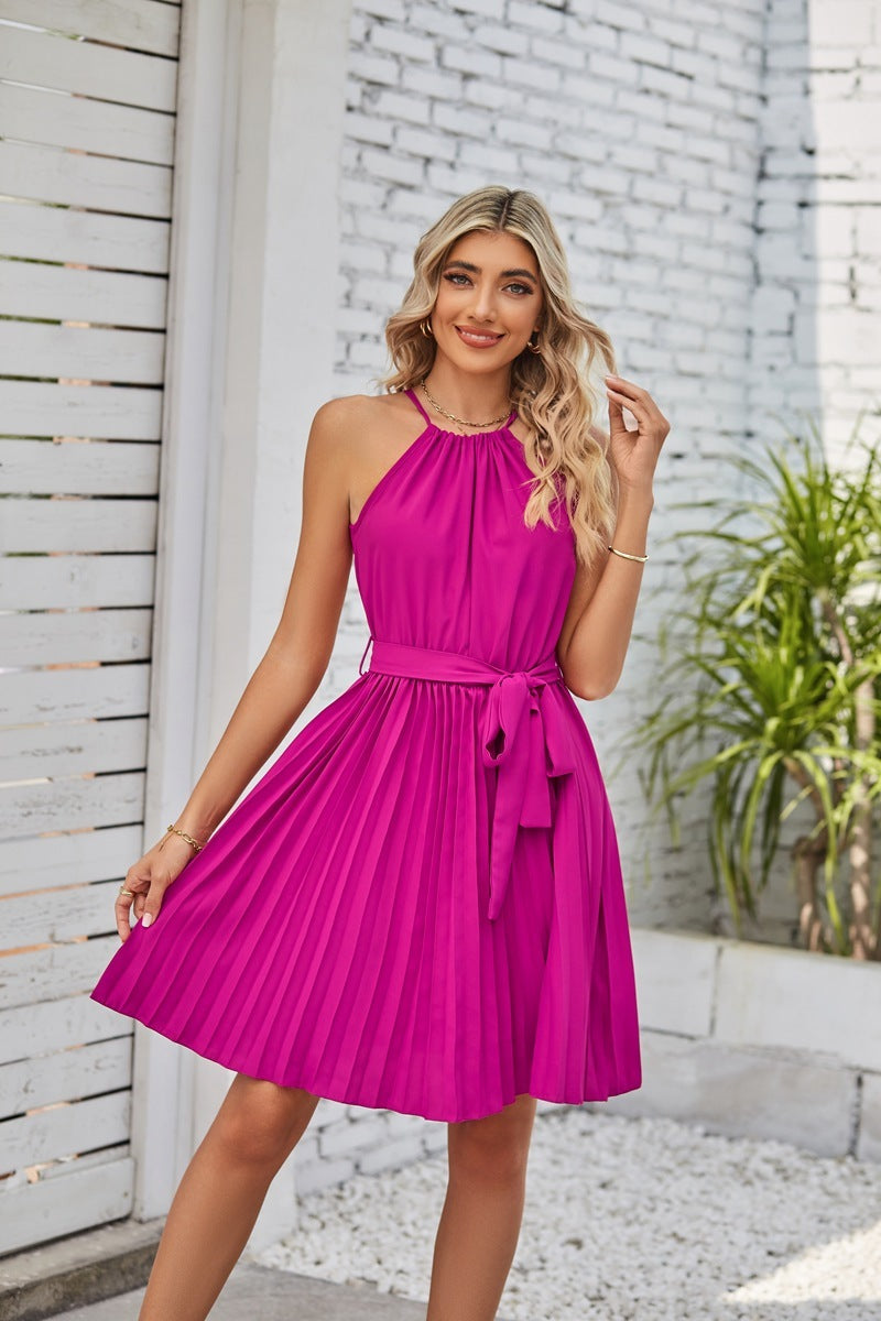 Halter Strapless Solid Pleated Dress