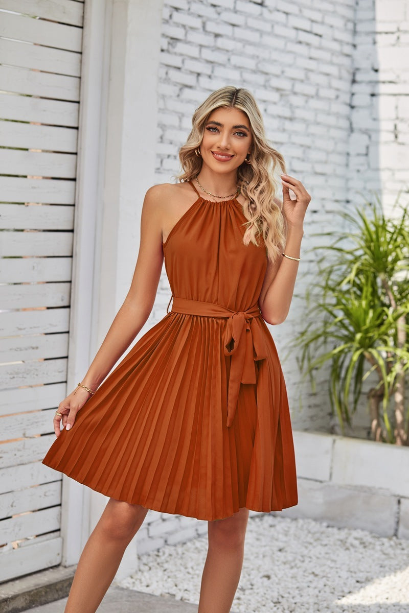 Halter Strapless Solid Pleated Dress