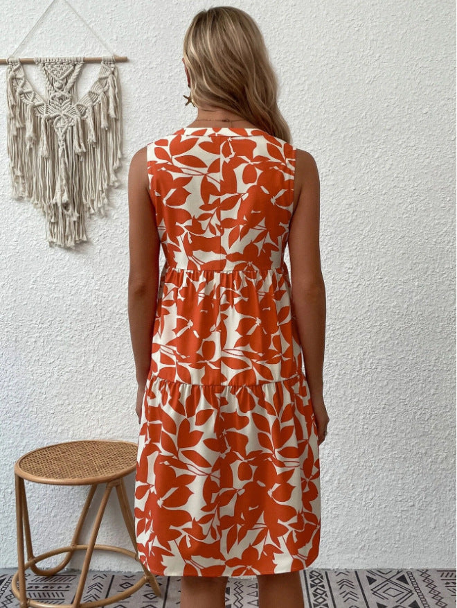 Bohemian Loose V-neck Pleated Print Sleeveless Dres