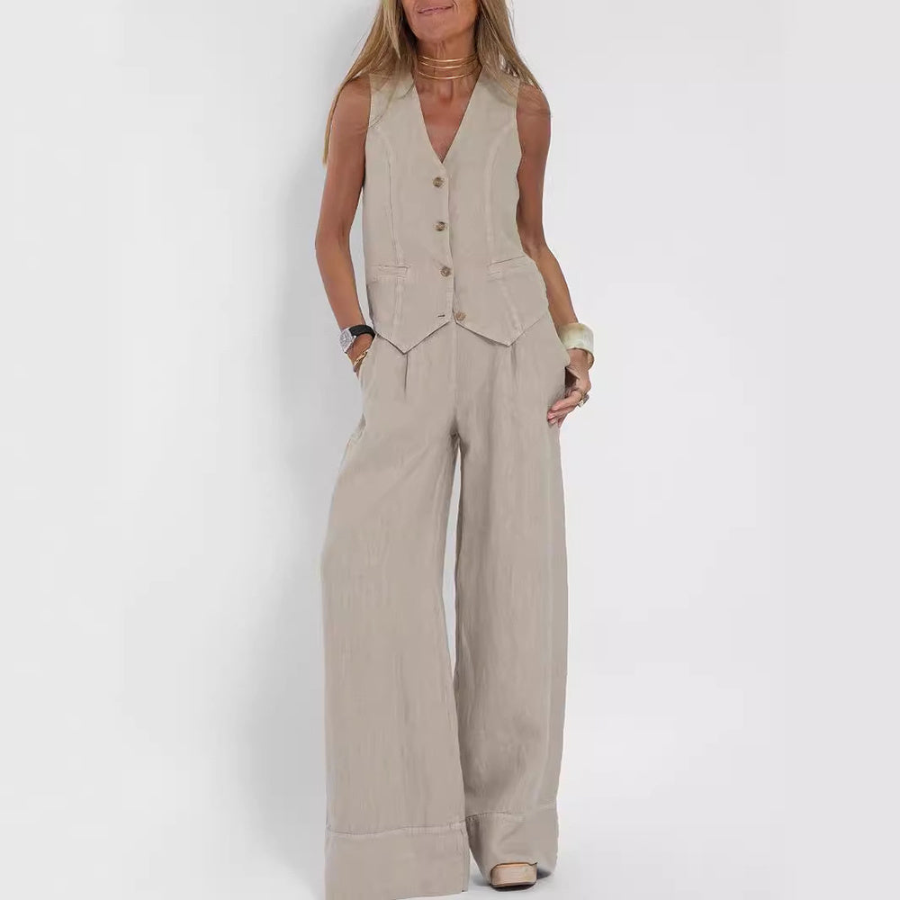 Summer Vest Suits V-neck Bottom Sleeveless Top And Loose Straight Pant