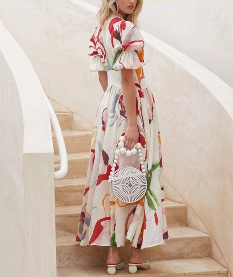 Print Summer V-neck Button Short Sleeve Dress