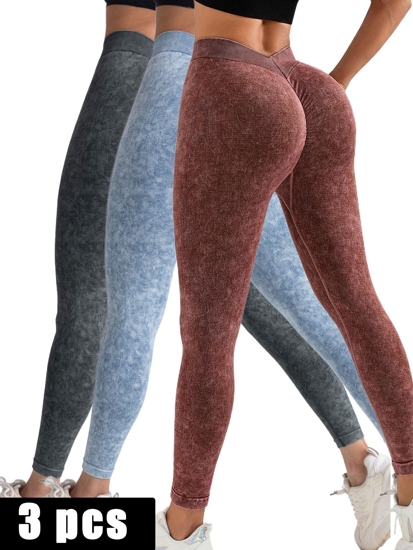 3 Pack V-Back Scrunch Butt Workout Seamless High Waist Leggings
