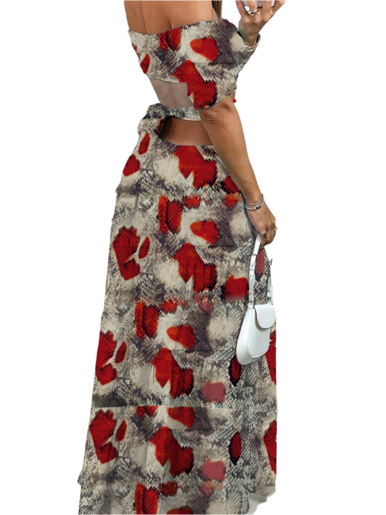 Printed One-line Collar Short-sleeved Long Dress With Hollow Waist