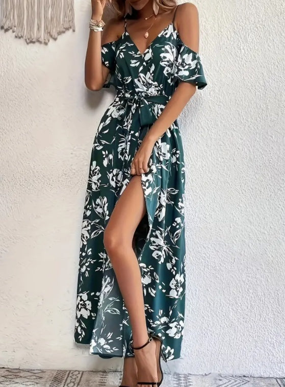 Flower Print Split Suspender Dress With Lace-up