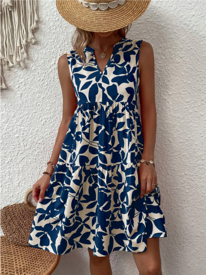 Bohemian Loose V-neck Pleated Print Sleeveless Dres