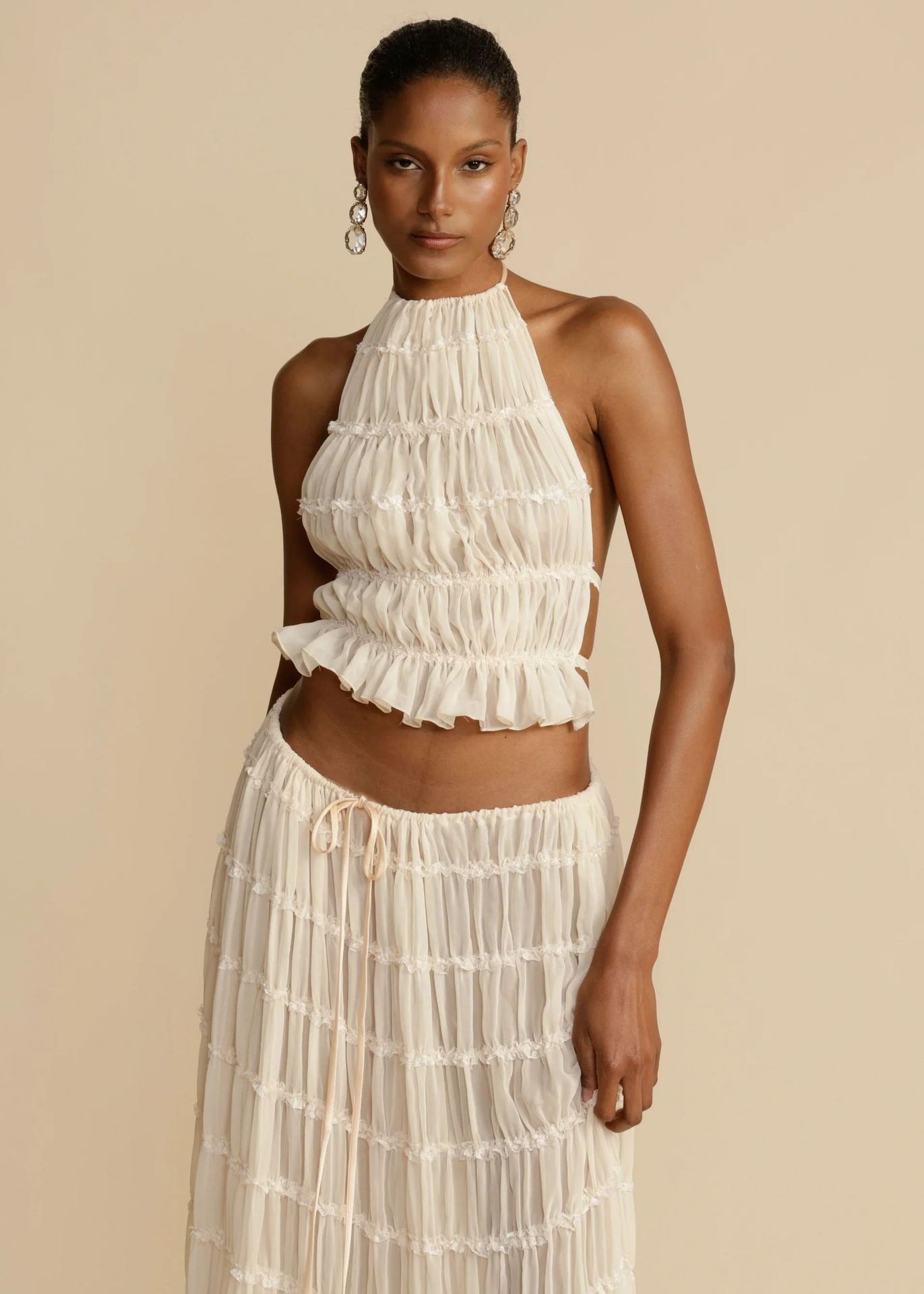 2pcs Women's Dress Suit Sexy Sleeveless Backless Cropped Halter Top And Pleated Long Skirt