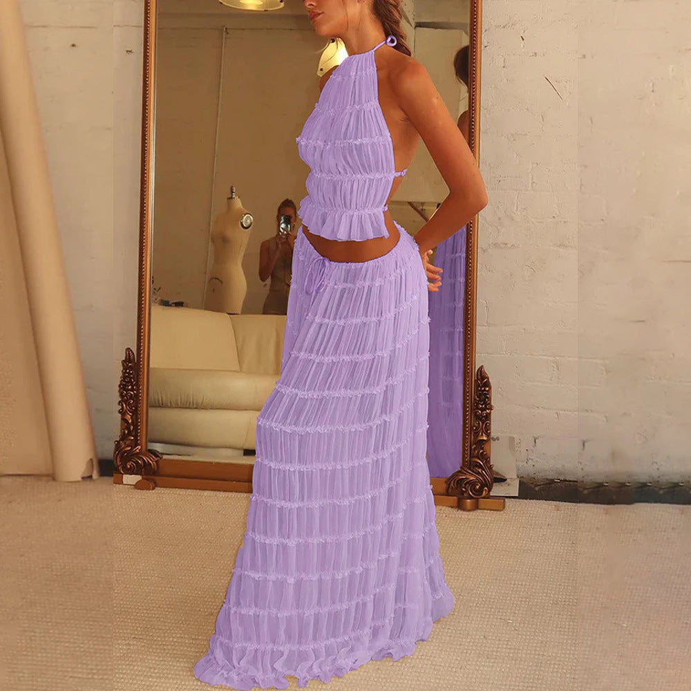 2pcs Women's Dress Suit Sexy Sleeveless Backless Cropped Halter Top And Pleated Long Skirt