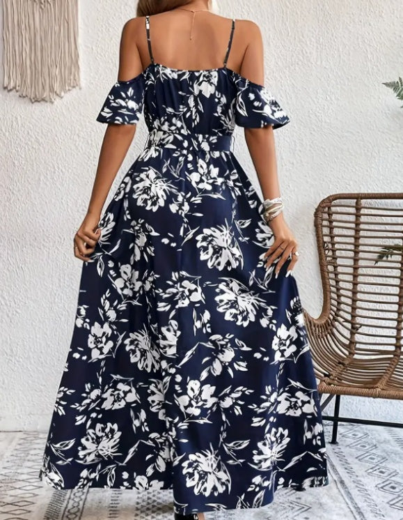 Flower Print Split Suspender Dress With Lace-up