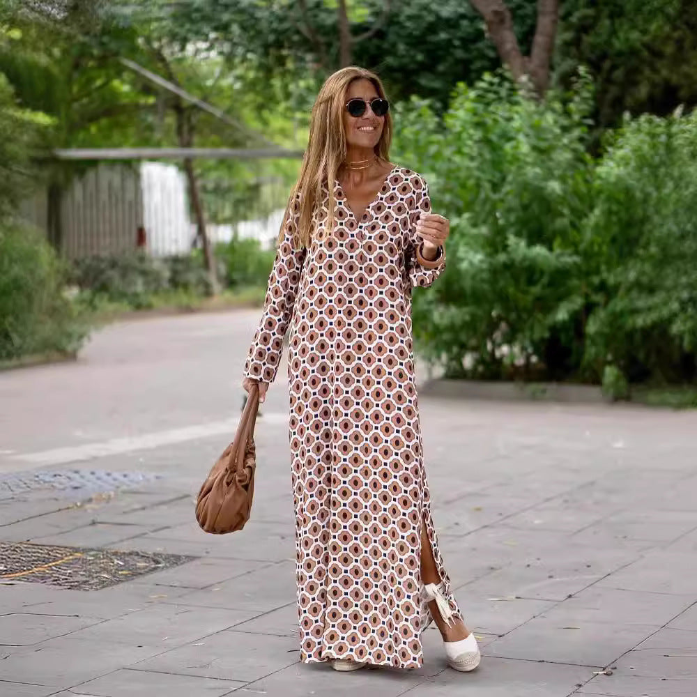 Summer Geometric Printed V-neck Long Dress Fashion Long Sleeve Slit