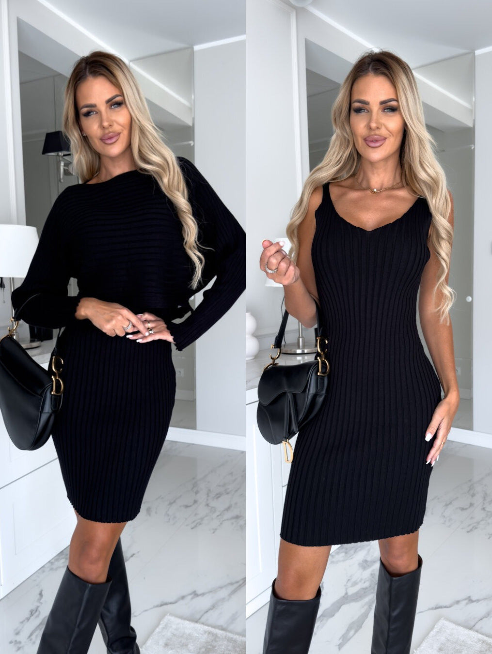 2pcs Suit Women's Solid Stripe Long-sleeved Top And Tight Suspender Dress