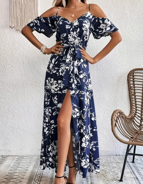 Flower Print Split Suspender Dress With Lace-up