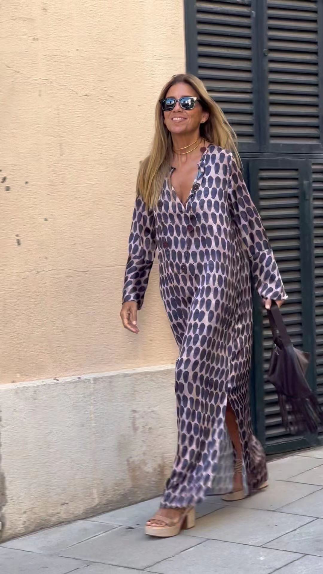 Summer Geometric Printed V-neck Long Dress Fashion Long Sleeve Slit