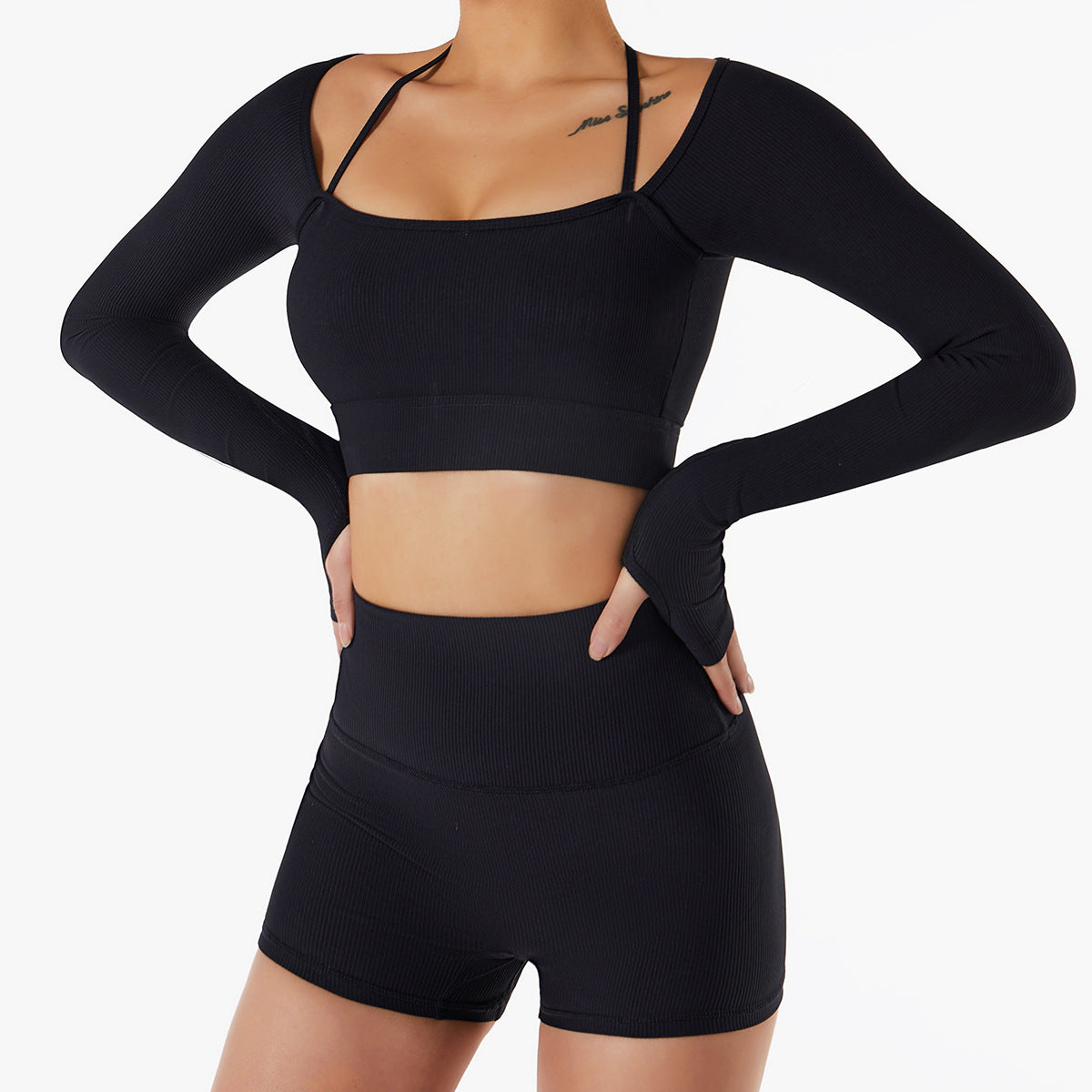 Top Women's Quick-drying Workout Set With Chest Pad Slim Fit Skinny Long Sleeve