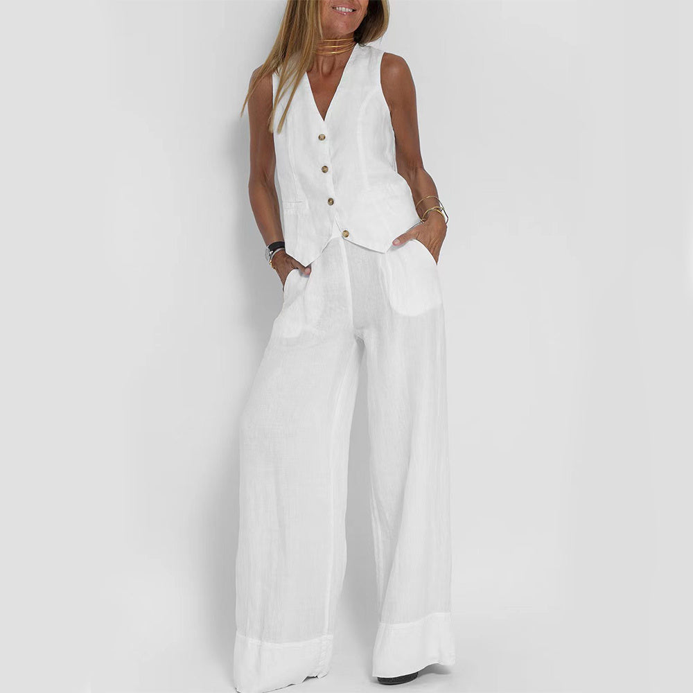 Summer Vest Suits V-neck Bottom Sleeveless Top And Loose Straight Pant