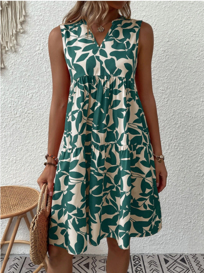 Bohemian Loose V-neck Pleated Print Sleeveless Dres