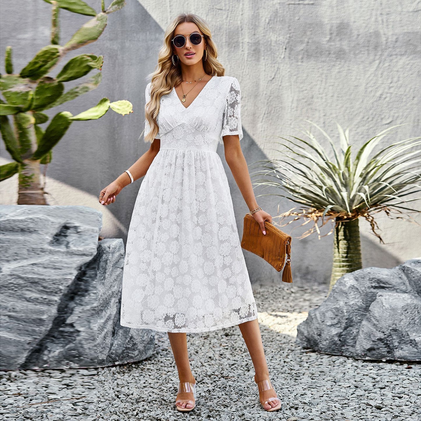 Fashion V-neck Lace Elegant Short Sleeve Long Dress