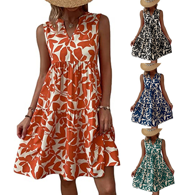 Bohemian Loose V-neck Pleated Print Sleeveless Dres