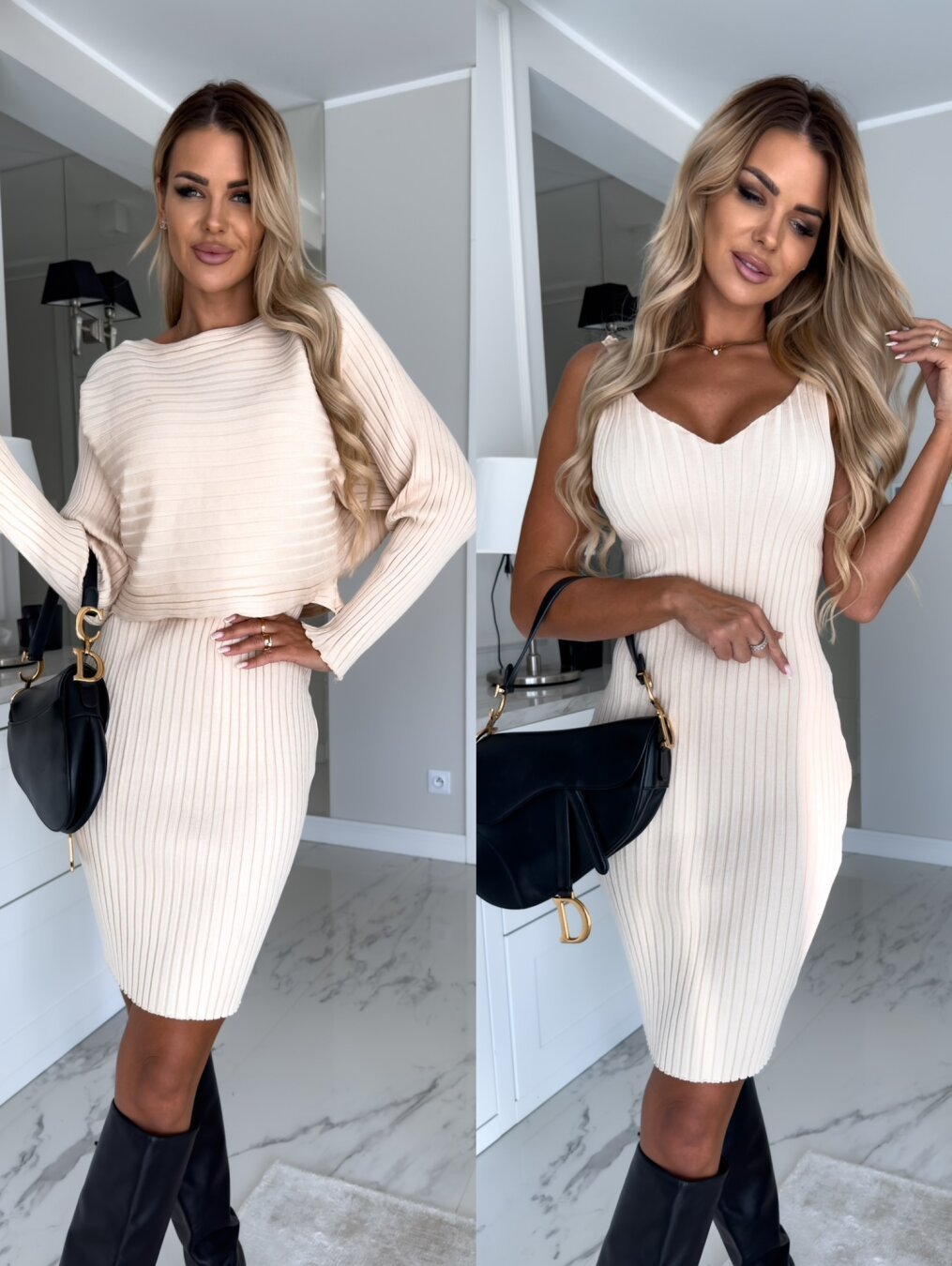 2pcs Suit Women's Solid Stripe Long-sleeved Top And Tight Suspender Dress