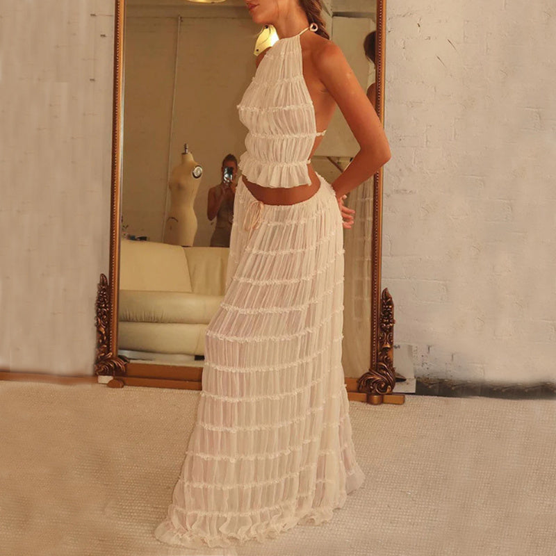 2pcs Women's Dress Suit Sexy Sleeveless Backless Cropped Halter Top And Pleated Long Skirt