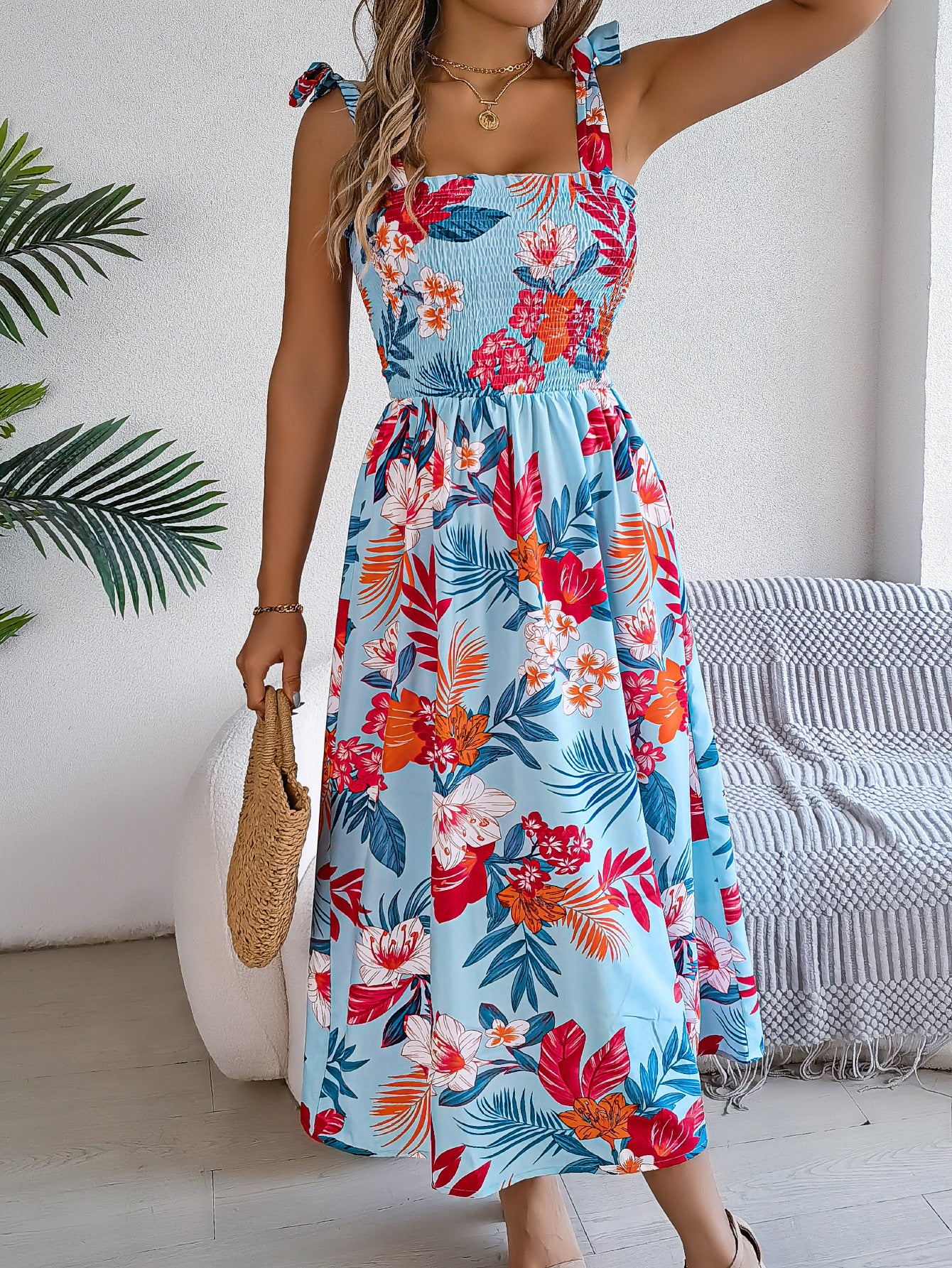 Flowers Print Suspender Corset Long Dress