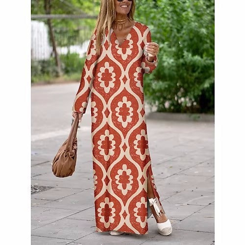 Summer Geometric Printed V-neck Long Dress Fashion Long Sleeve Slit