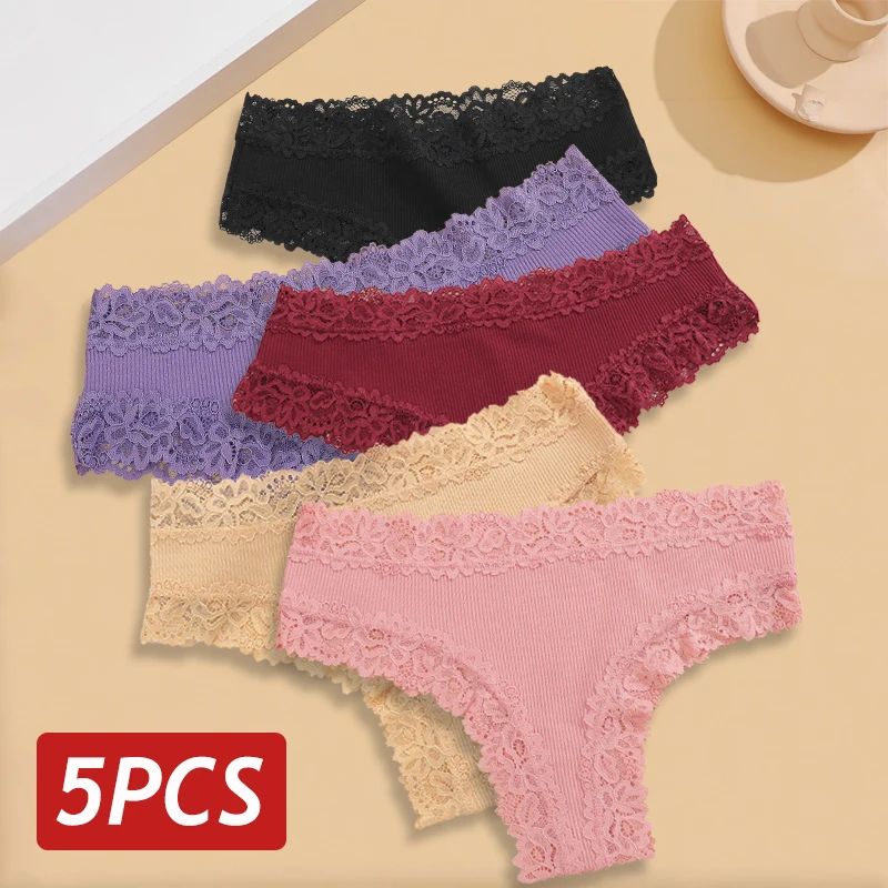 5PCS Set Women Lace Seamless Cotton Sexy Brazilian Panties