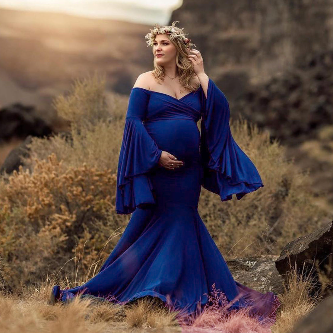 Maternity Ruffle Sleeve Trailing Long Dress