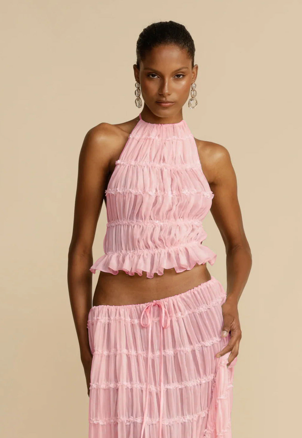 2pcs Women's Dress Suit Sexy Sleeveless Backless Cropped Halter Top And Pleated Long Skirt