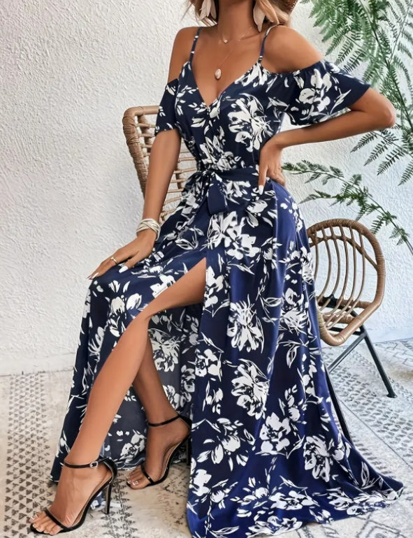 Flower Print Split Suspender Dress With Lace-up