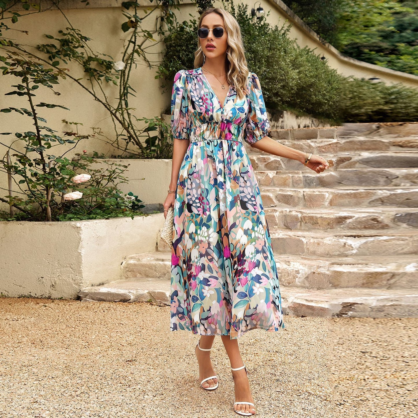 New V-neck Printed Short-sleeved Long Dress