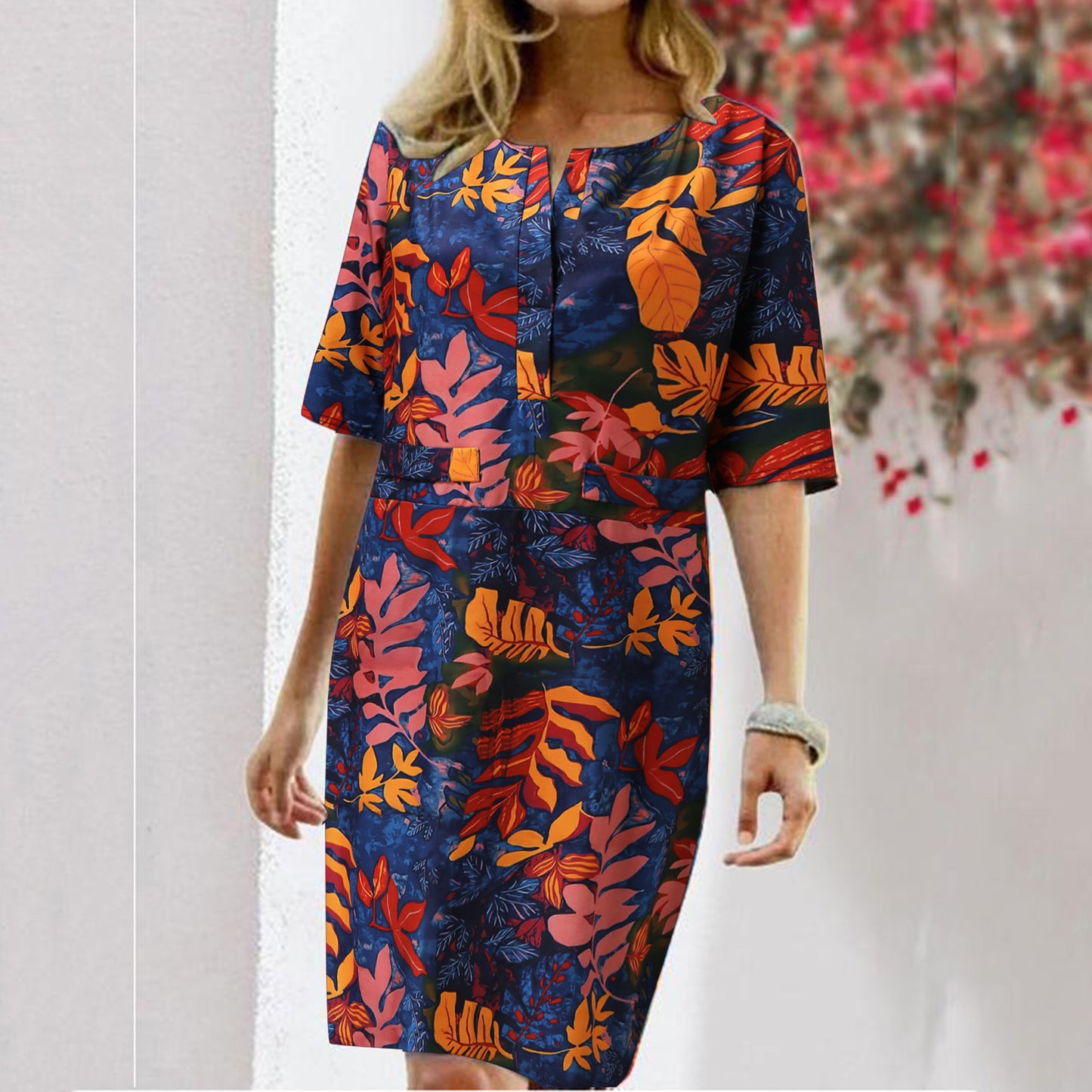 Summer Floral Leaf Print Slit Round Neck Half Sleeve Dress