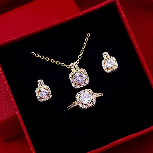 Fashion Jewelry Set Zircon Gem Pendant Chain Choker Necklace & Stud Earring Statement Ring