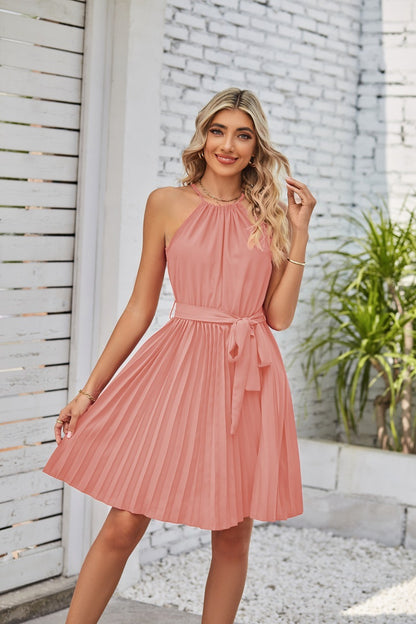 Halter Strapless Solid Pleated Dress